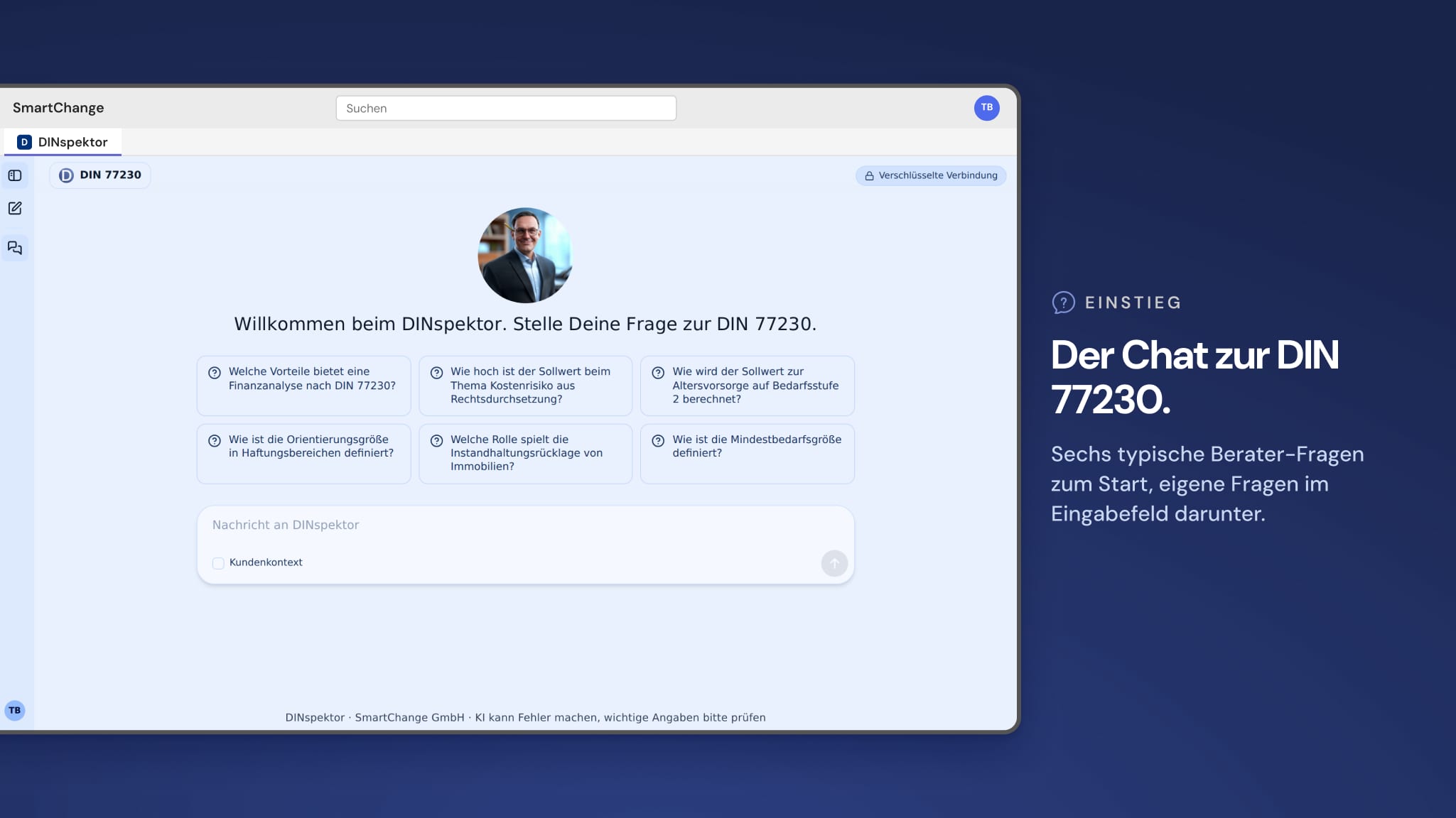 DINspektor start screen with six typical advisor questions