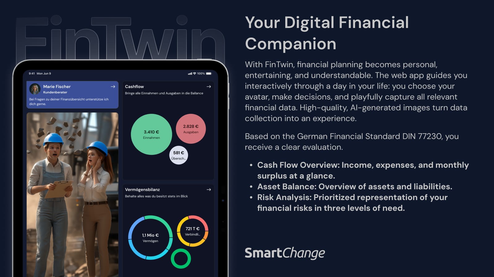 FinTwin on a tablet with cash flow, asset balance and an AI-generated scene