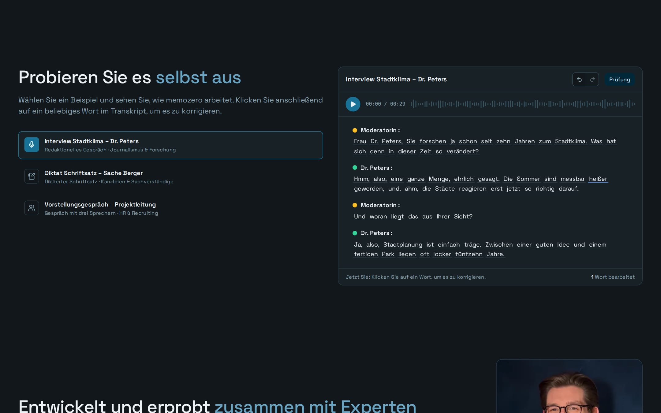 Interaktive Demo mit Beispielinterviews und synchronem Transkript