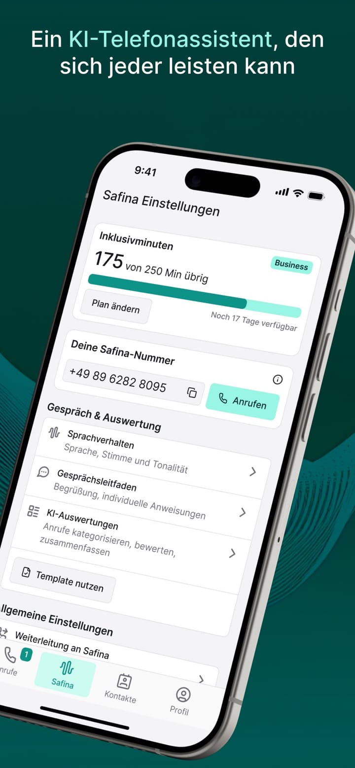 Einstellungen mit Tarif, Nummer und Weiterleitung