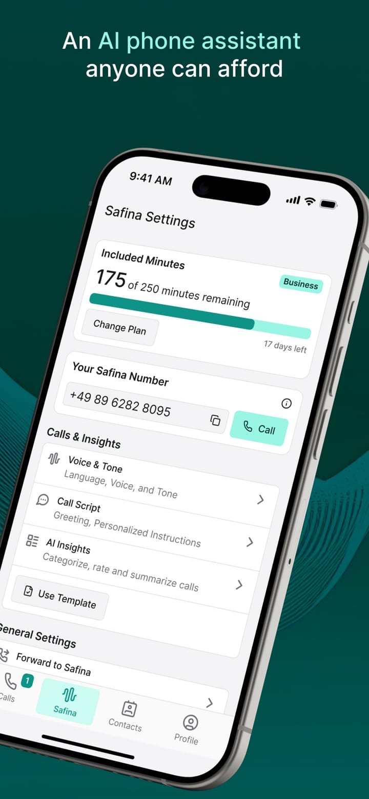 Settings with plan, number and forwarding